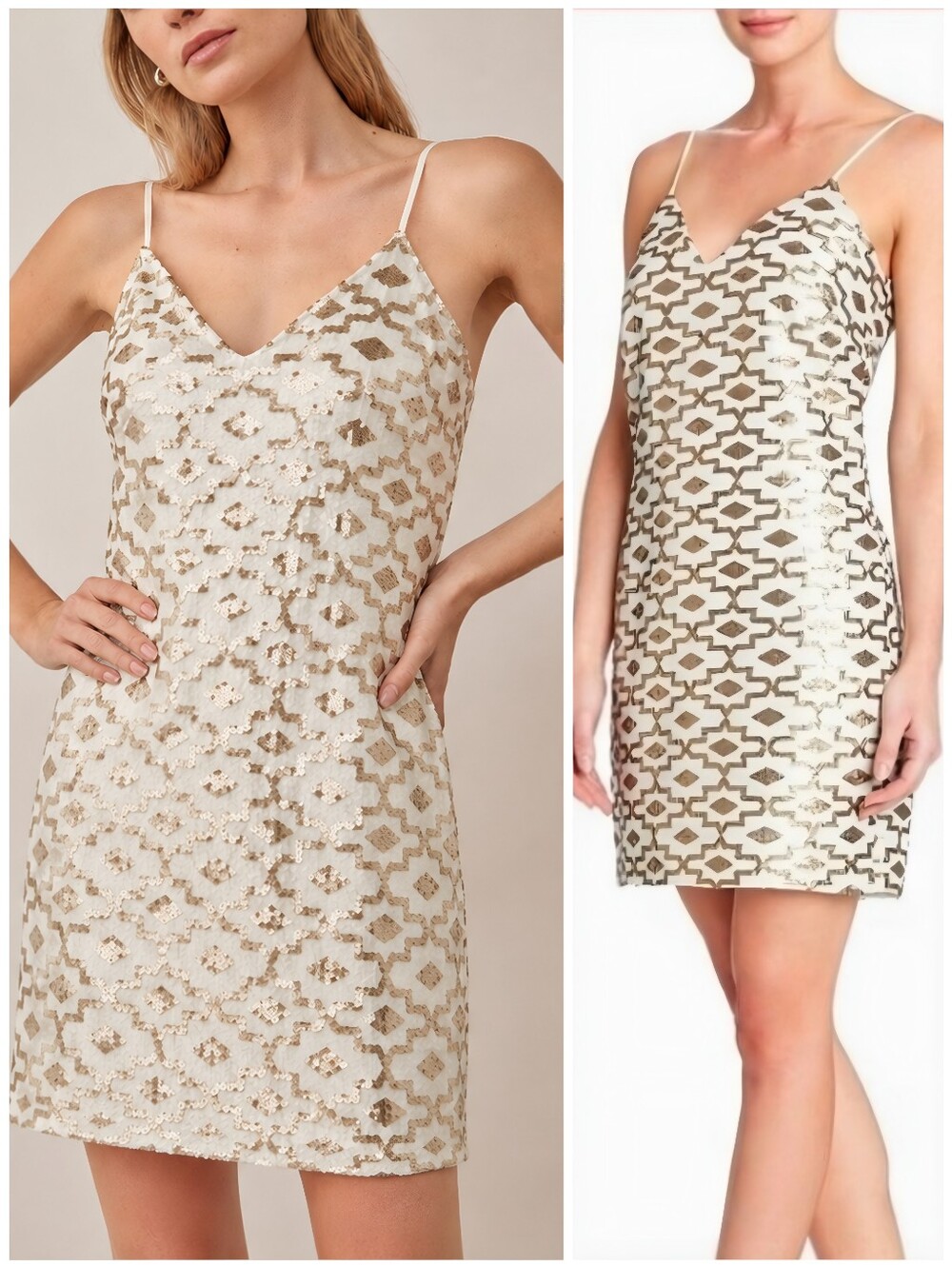 Dress the Population Sequin Geomatric Gold White Dress, L